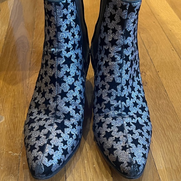 Saint Laurent Women Black Silver Glitter Suede Stars Ankle Cowboy Boot - Picture 4 of 11